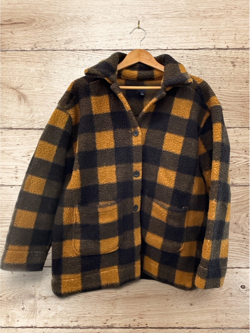 Lee Buffalo Plaid Teddy Fleece Jacket Women’s Large Mustard Black Brown Shacket